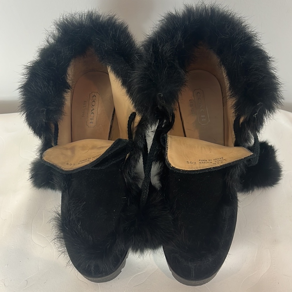 Coach Kataya Wedge Ankle Boots Booties in Black Suede with Black Rabbit Fur Trim - Picture 11 of 17